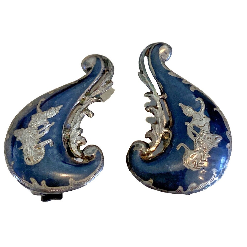 Vintage Siam Sterling Silver Dancing Buddha Clip-On Earrings Leaf Shape